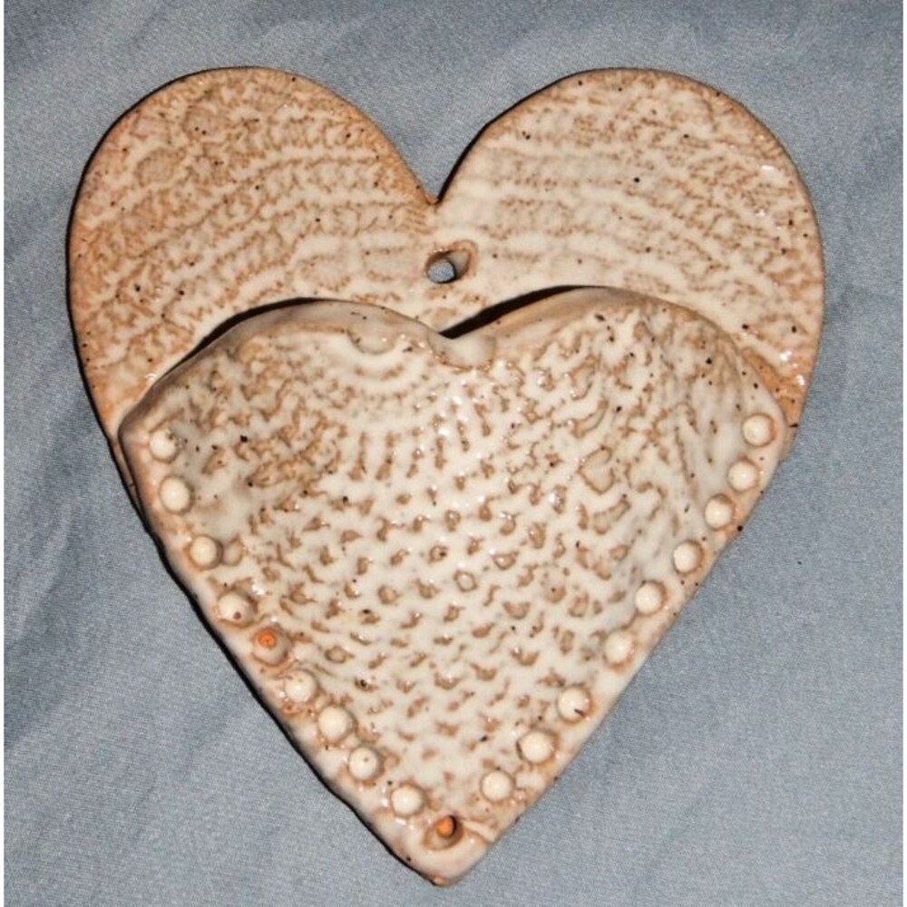 Handmade Studio Pottery Heart Wall Pocket Vase Lace Texture Cream Stoneware Art